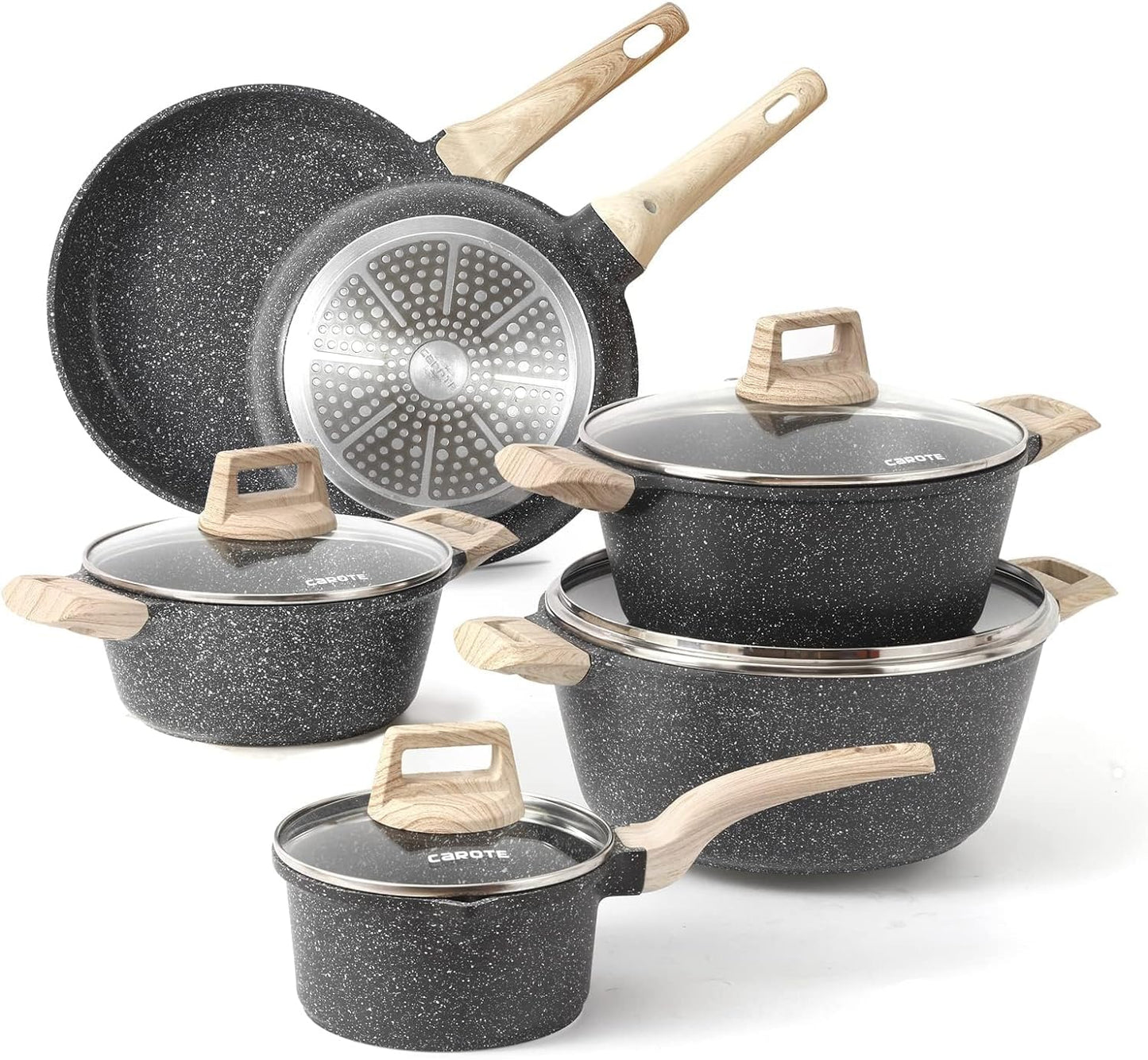 CAROTE 21Pcs Pots and Pans Set, Nonstick Cookware Sets, White Granite Induction Cookware Non Stick Cooking Set w/Frying Pans & Saucepans(PFOS, PFOA Free)