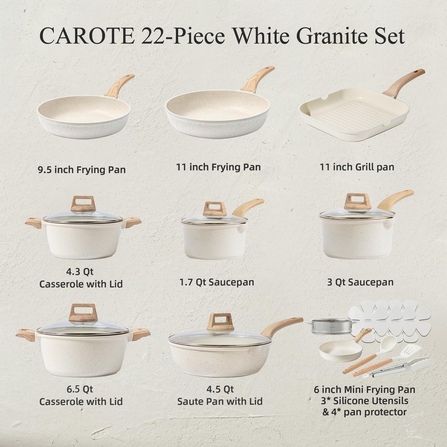 CAROTE 21Pcs Pots and Pans Set, Nonstick Cookware Sets, White Granite Induction Cookware Non Stick Cooking Set w/Frying Pans & Saucepans(PFOS, PFOA Free)