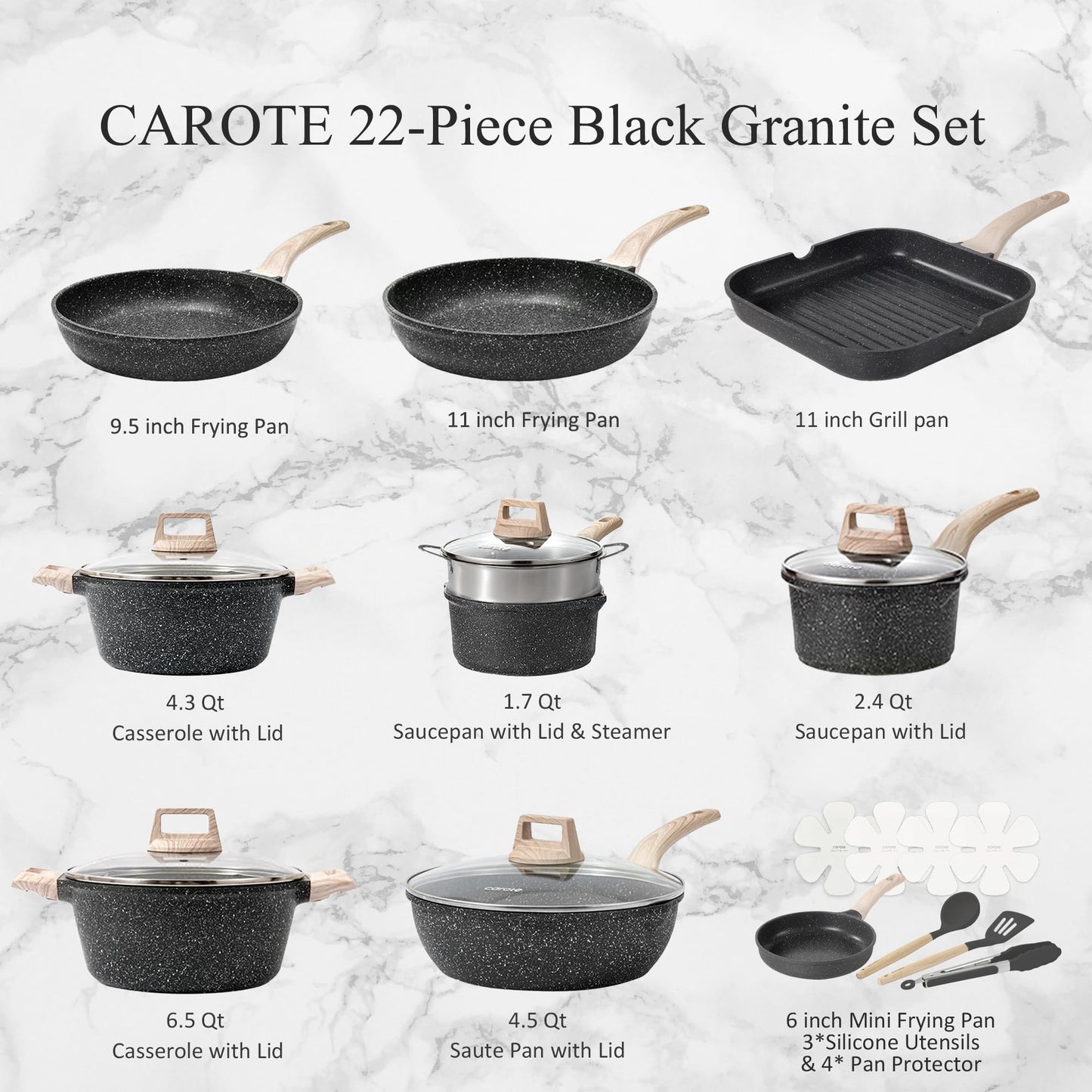 CAROTE 21Pcs Pots and Pans Set, Nonstick Cookware Sets, White Granite Induction Cookware Non Stick Cooking Set w/Frying Pans & Saucepans(PFOS, PFOA Free)