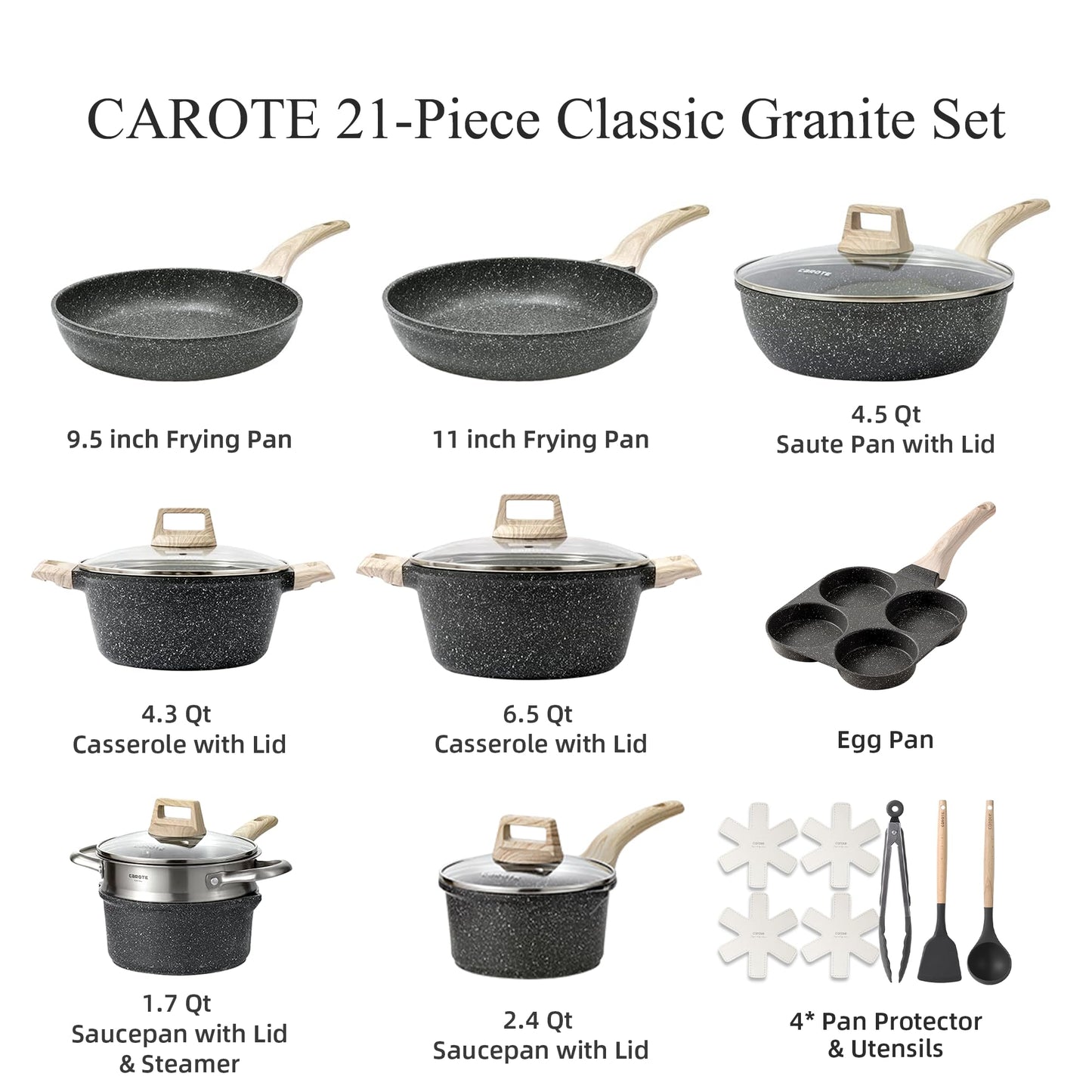 CAROTE 21Pcs Pots and Pans Set, Nonstick Cookware Sets, White Granite Induction Cookware Non Stick Cooking Set w/Frying Pans & Saucepans(PFOS, PFOA Free)