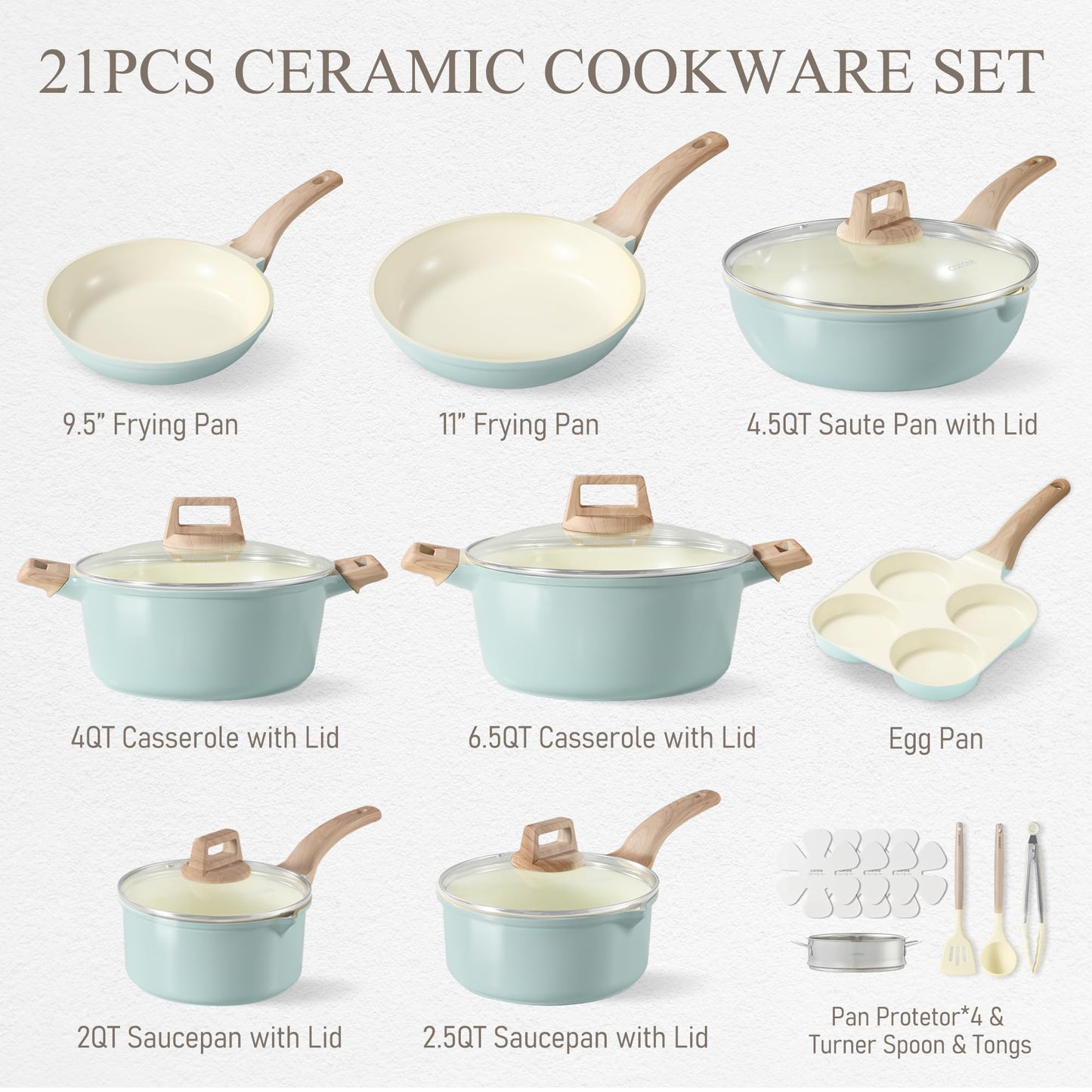 CAROTE 21Pcs Pots and Pans Set, Nonstick Cookware Sets, White Granite Induction Cookware Non Stick Cooking Set w/Frying Pans & Saucepans(PFOS, PFOA Free)