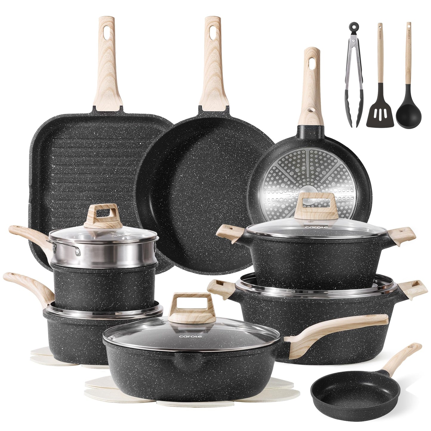 CAROTE 21Pcs Pots and Pans Set, Nonstick Cookware Sets, White Granite Induction Cookware Non Stick Cooking Set w/Frying Pans & Saucepans(PFOS, PFOA Free)