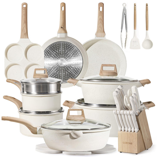 CAROTE 21Pcs Pots and Pans Set, Nonstick Cookware Sets, White Granite Induction Cookware Non Stick Cooking Set w/Frying Pans & Saucepans(PFOS, PFOA Free)