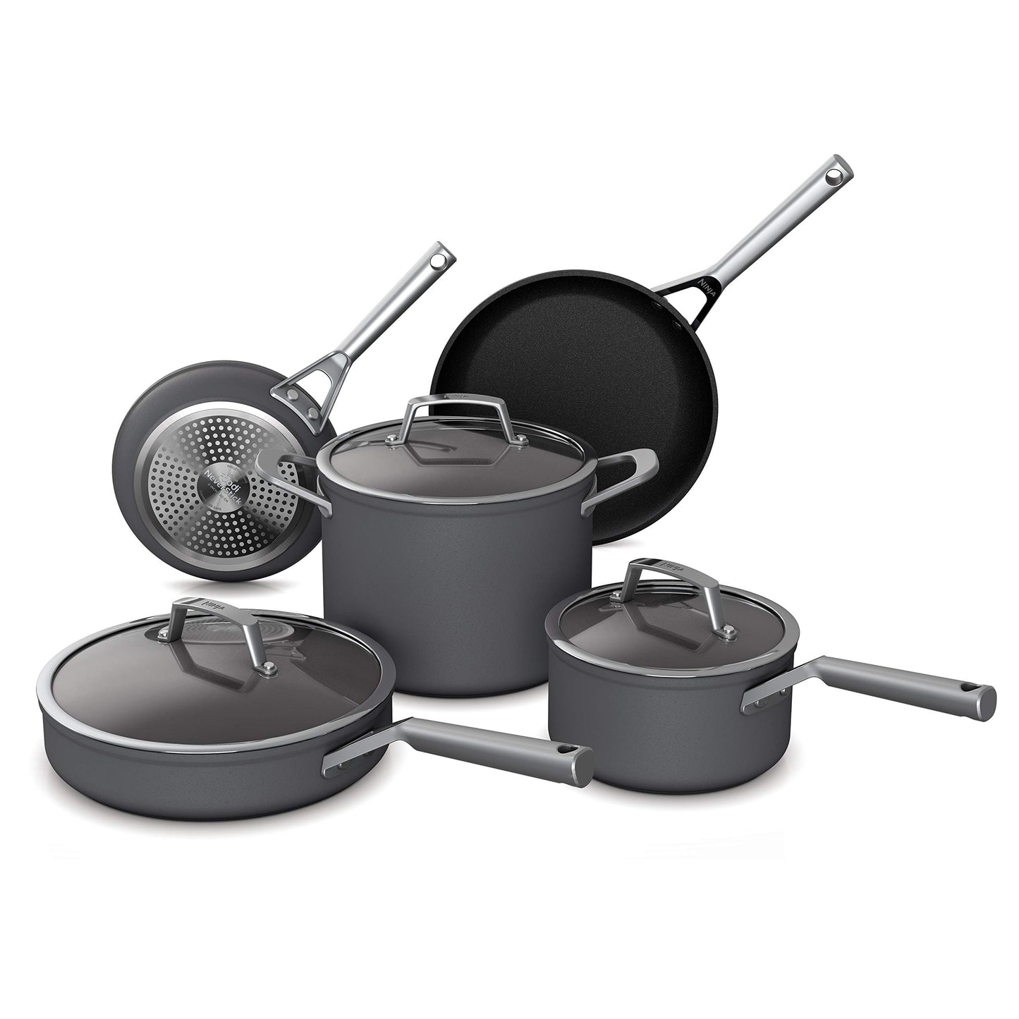 Ninja Cookware, Ninja NeverStick Professional, 16-Piece Pots and Pans Set, Non Stick Frying Pans, Kitchen Essentials, Stock Pot, Sauce Pan, Glass Lids, Saute Pan, All Stovetops, Black, C39900