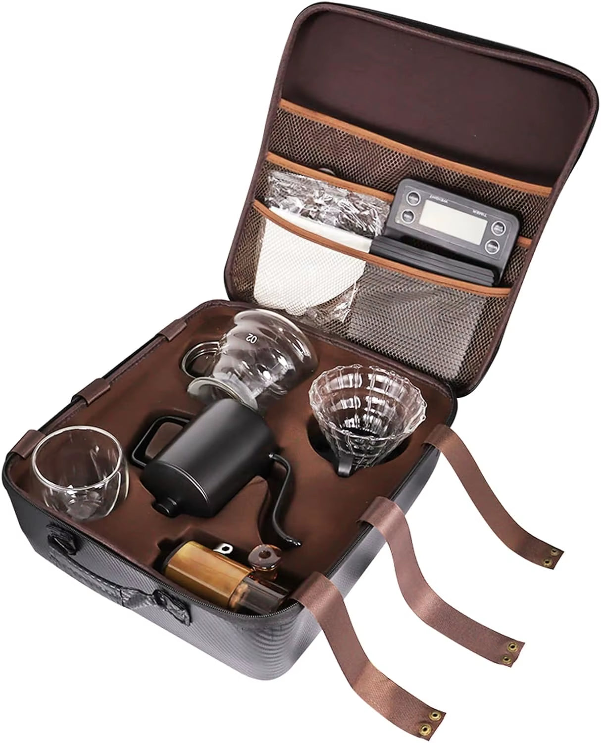 Pour over Coffee Maker Set, Coffee Kettle Scale, Pour over Coffee Dripper, Bean Grinder, Glass Server, Drip Cup, Filter Paper, A