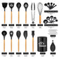 Silicone Cooking Set, 33 Piece Silicone Cooking Set, Non-Stick Heat Resistant, Durable Wooden Handle, Best Kitchen Utensils (Black)