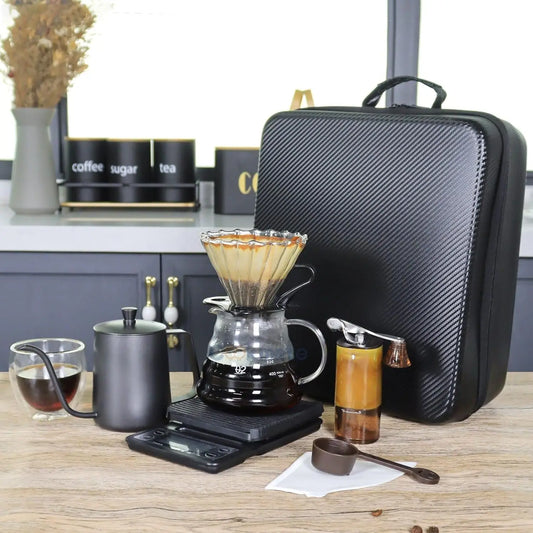Pour over Coffee Maker Set, Coffee Kettle Scale, Pour over Coffee Dripper, Bean Grinder, Glass Server, Drip Cup, Filter Paper, A