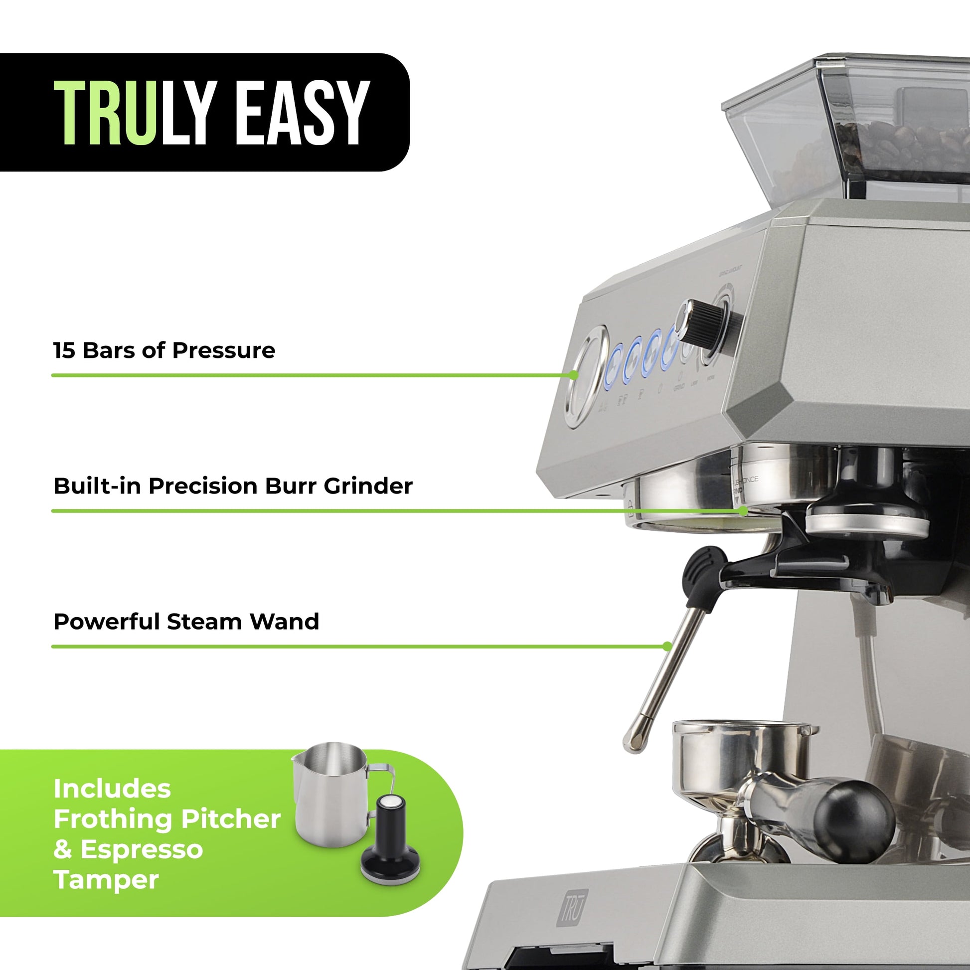 All-In-One Espresso Maker with Grinder & Steam Wand - Premium Espresso Machine with Built-In Coffee Grinder - 15 Bar Pressure Pump - Adjustable Steam Controls & Cup Warmer