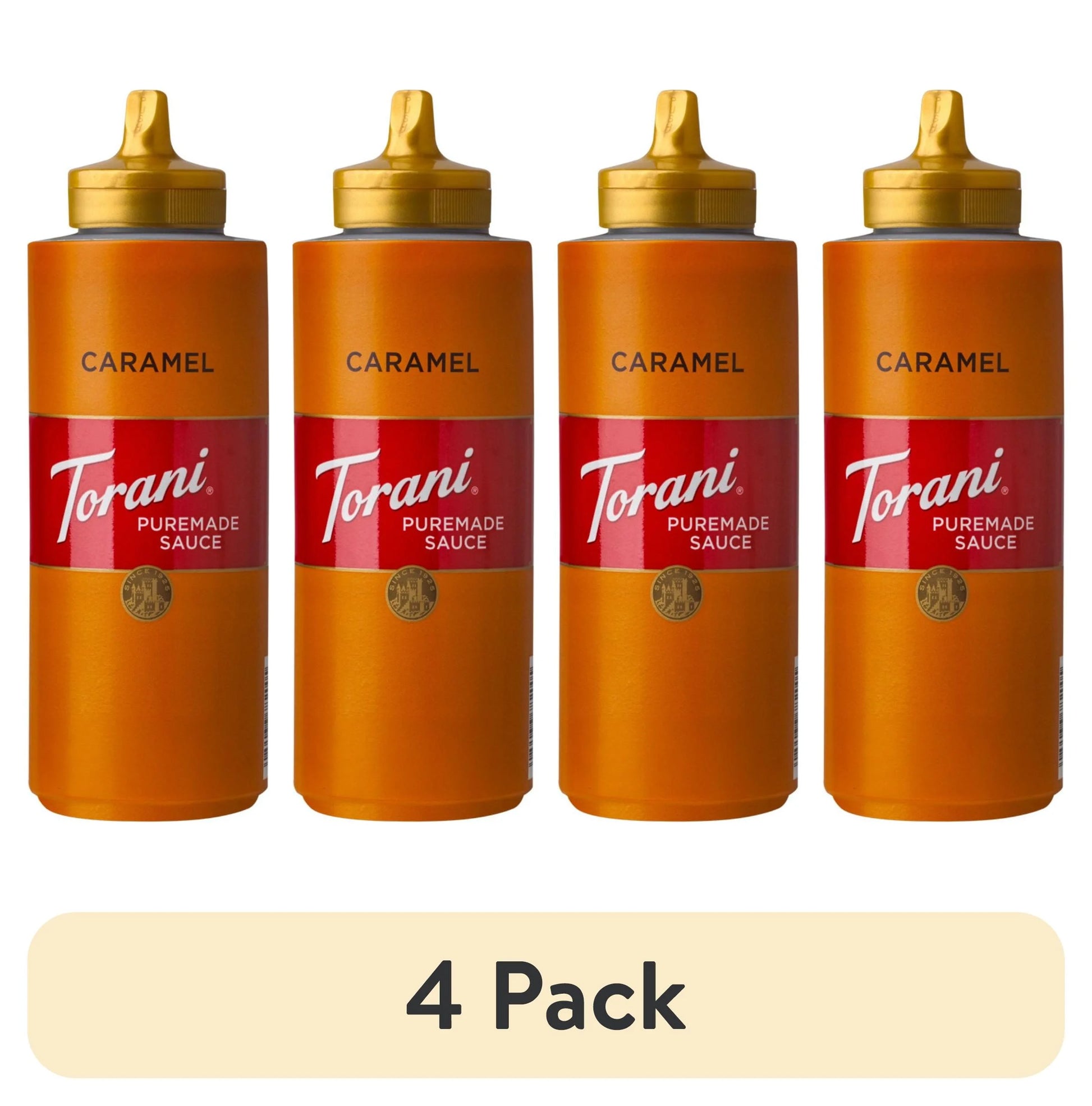 (4 Pack)  Puremade Caramel Sauce, Authentic Coffeehouse Sauce and Dessert Topping, Plastic Squeeze Bottle, 16.5 Oz