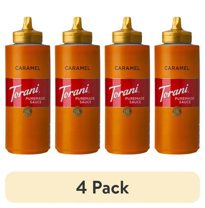 (4 Pack)  Puremade Caramel Sauce, Authentic Coffeehouse Sauce and Dessert Topping, Plastic Squeeze Bottle, 16.5 Oz