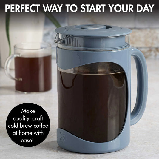 Burke Deluxe Cold Brew Iced Coffee Maker, Comfort Grip Handle, Durable Glass Carafe, Removable Mesh Filter, Perfect 6 Cup Size, Dishwasher Safe, 1.6 Qt, Blue