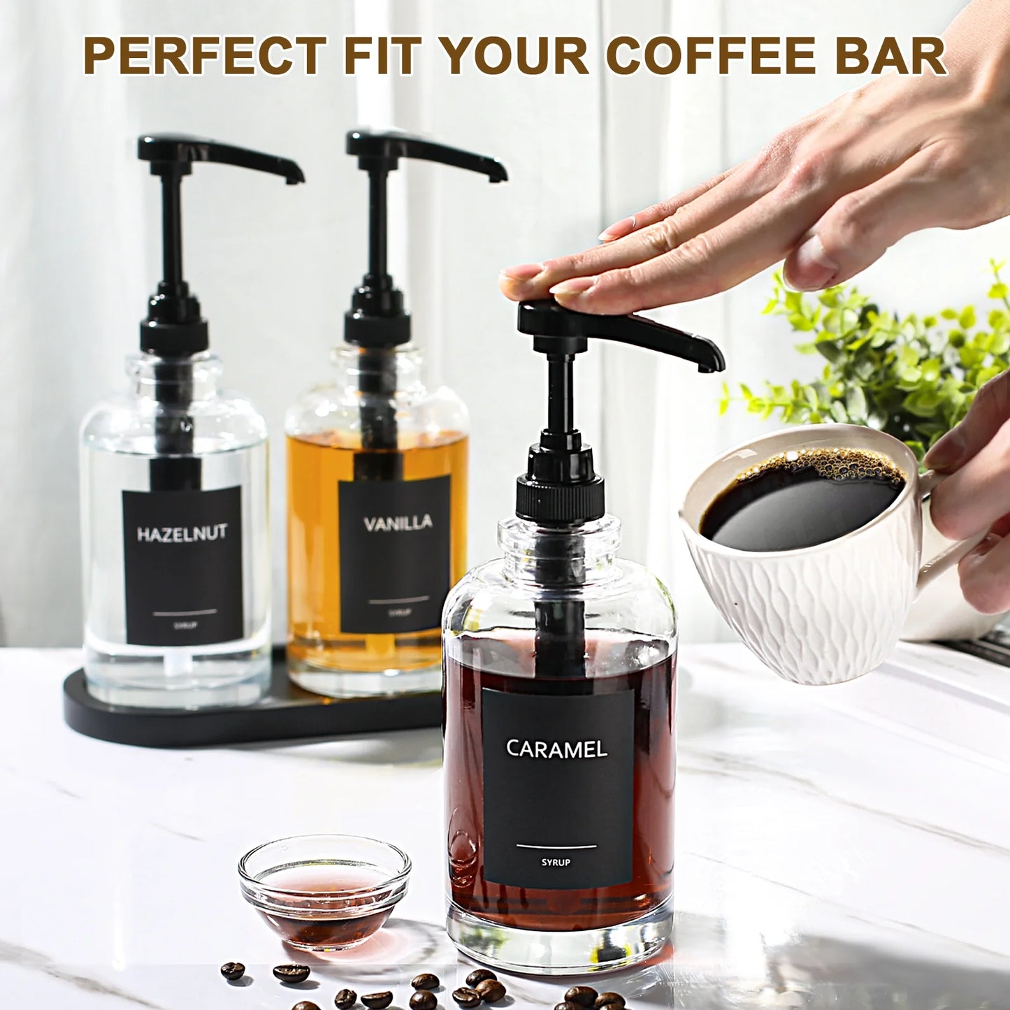 Coffee Syrup Dispenser for Coffee Bar, Glass Syrup Dispenser with 1/4Oz Large Capacity Pump, Coffee Syrup Pump Dispenser Bottle