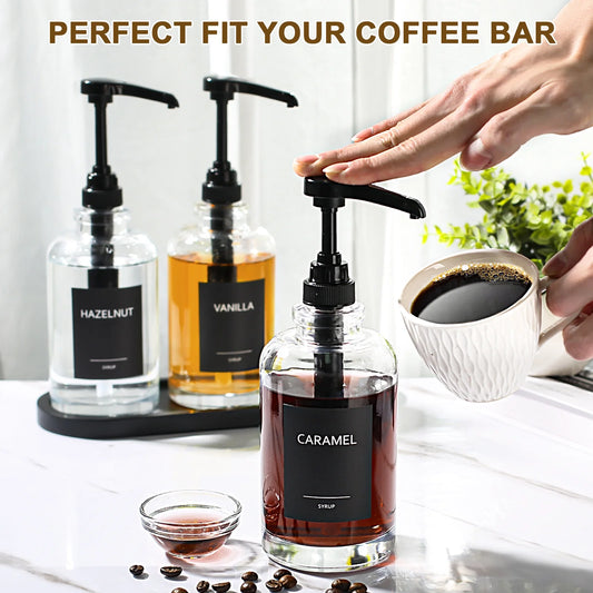 Coffee Syrup Dispenser for Coffee Bar, Glass Syrup Dispenser with 1/4Oz Large Capacity Pump, Coffee Syrup Pump Dispenser Bottle