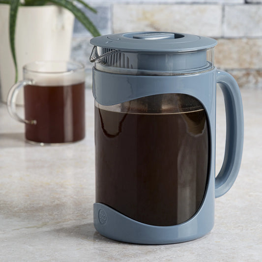 Burke Deluxe Cold Brew Iced Coffee Maker, Comfort Grip Handle, Durable Glass Carafe, Removable Mesh Filter, Perfect 6 Cup Size, Dishwasher Safe, 1.6 Qt, Blue