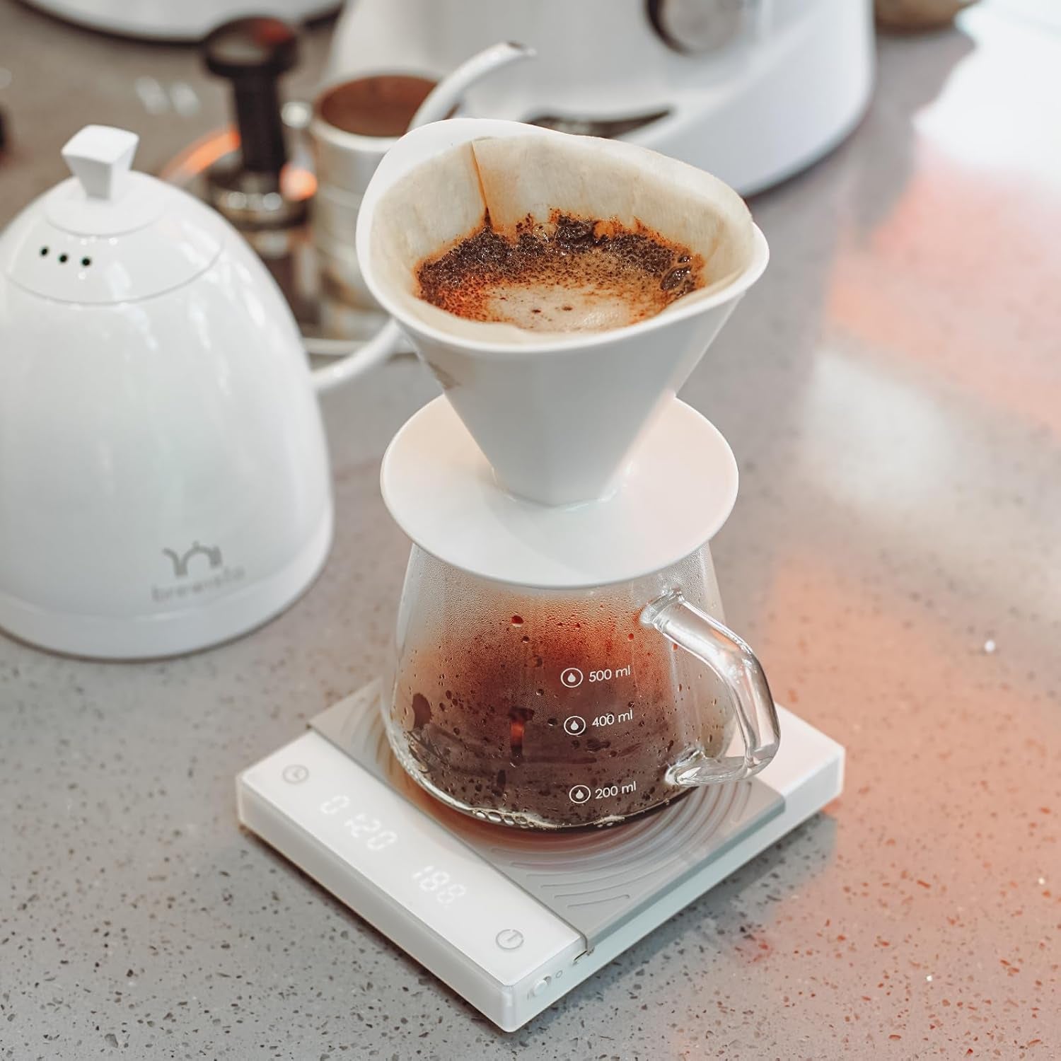 Pour over Coffee Maker Set, White Ceramic Coffee Dripper with 650Ml Coffee Glass Server V60 Paper Filter for Cafe Home Restaurant 6291-12102-03A