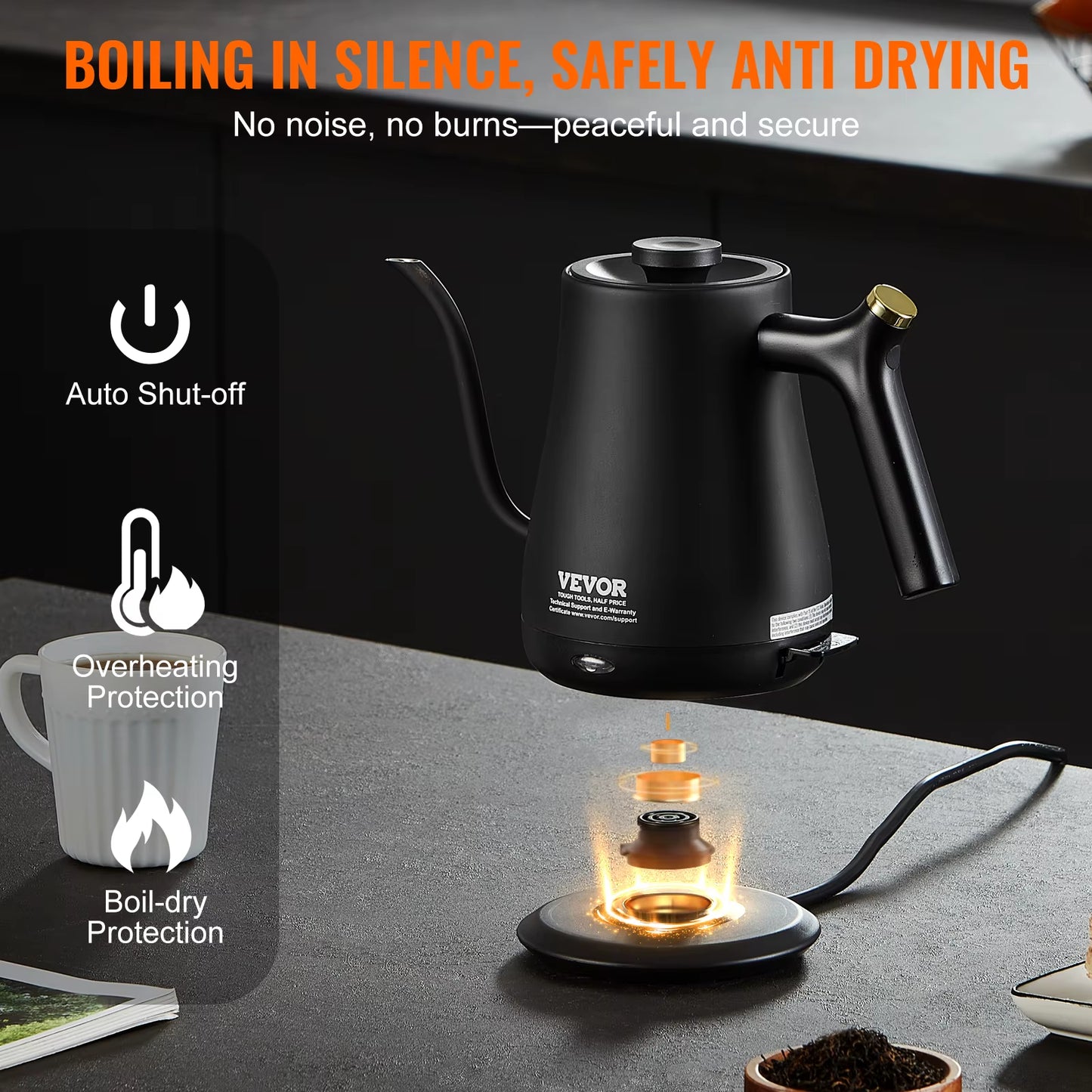Electric Gooseneck Kettle 1L 1200W Fast Heating Gooseneck Pour over Coffee Tea Kettle 304 Food Grade