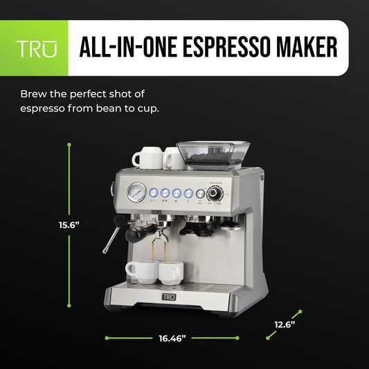 All-In-One Espresso Maker with Grinder & Steam Wand - Premium Espresso Machine with Built-In Coffee Grinder - 15 Bar Pressure Pump - Adjustable Steam Controls & Cup Warmer