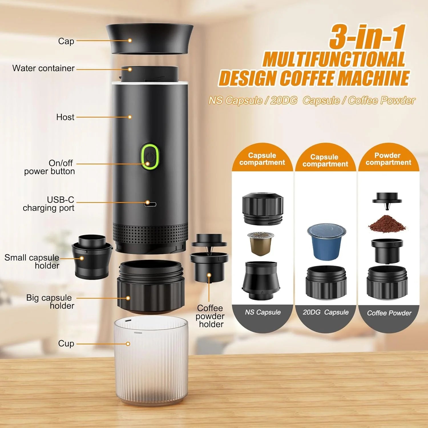 Mini Coffee Maker, Electric Espresso Machine, One Button Capsule Espresso Maker with Fast Self-Heating, Travel Coffee Machine for Home Office Camping