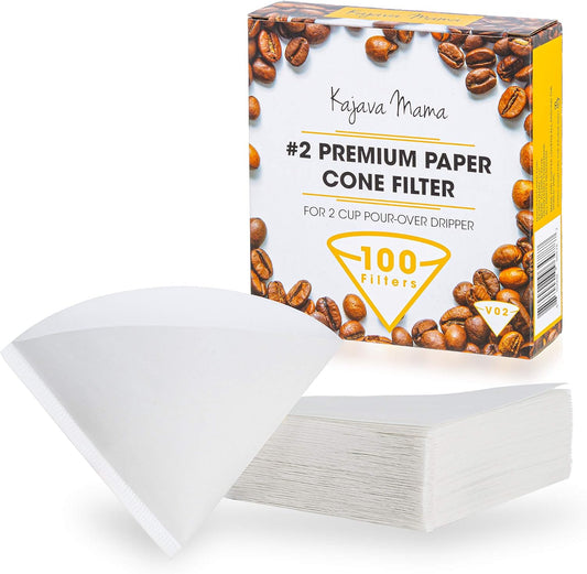 V02 Premium Paper Cone Filter - 100Pc Set of Disposable Filters Designed for 2-Cup Pour over Dripper - Made of the Finest Wood Pulp - Perfect Drip, Full Flavor, No Coffee-Ground Residue