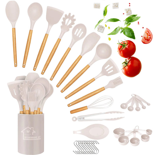 Silicone Cooking Set, 33 Piece Silicone Cooking Set, Non-Stick Heat Resistant, Durable Wooden Handle, Best Kitchen Utensils (Khaki)