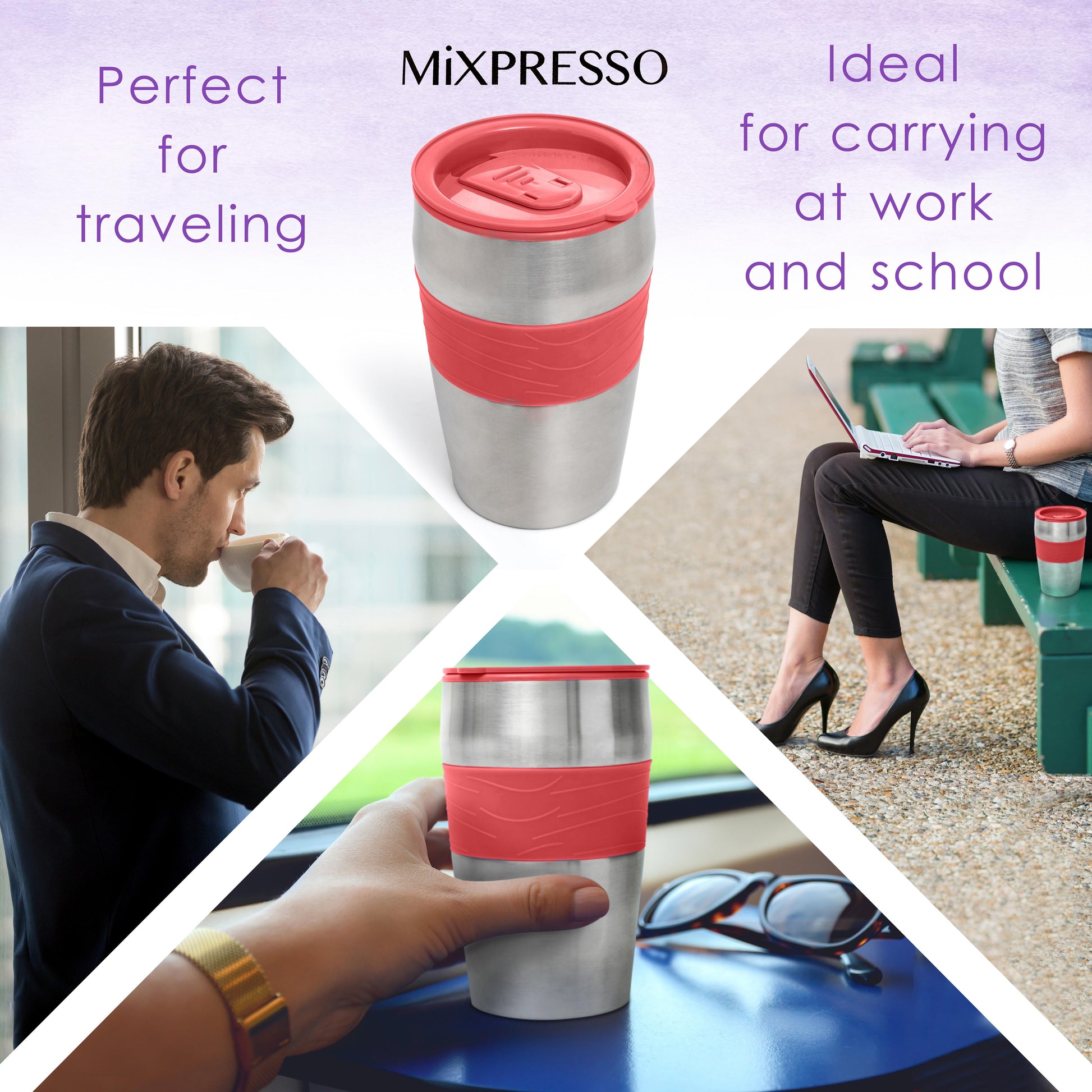 Personal Single-Serve Coffee Maker & 14Oz Travel Mug, Drip Small Coffee Maker & Tumbler, Auto Shut off & Reusable Filter, Red Coffee Maker Compatible with Coffee Grounds