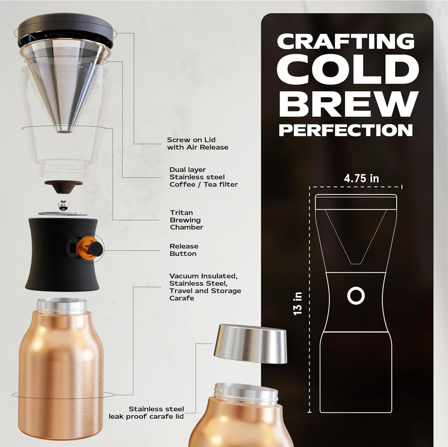 Cold Brew Coffee Maker, Award-Winning 40Oz Insulated Cold Brew Brewer with Portable Stainless Steel Carafe – No.1 Europe Coffee Fest Winner, Leakproof, Bpa-Free, Keeps Cold 24H