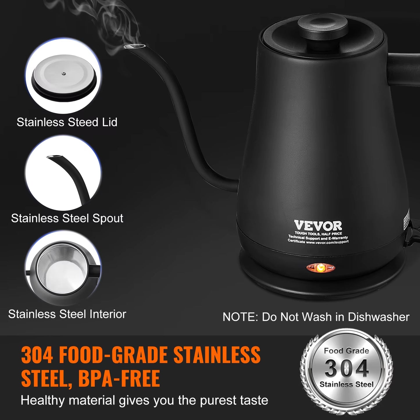 Electric Gooseneck Kettle 1L 1200W Fast Heating Gooseneck Pour over Coffee Tea Kettle 304 Food Grade